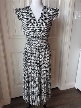 Black and white smocked waist midi dress